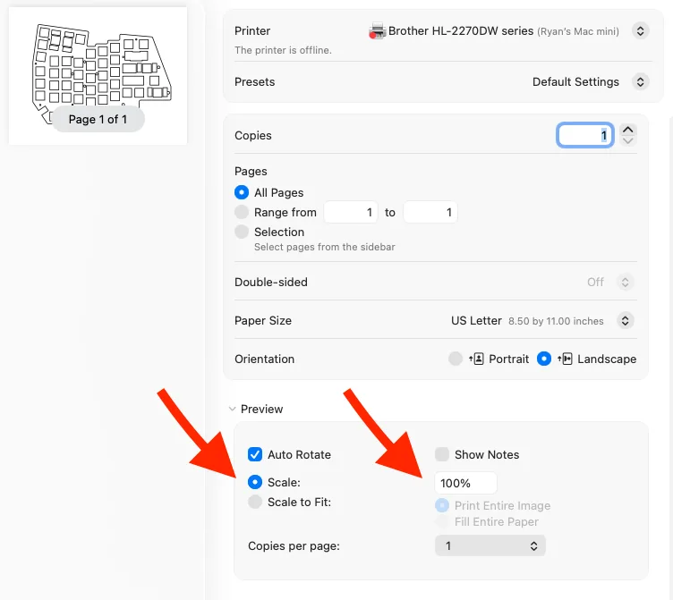 Print dialog with scale percentage highlighted
